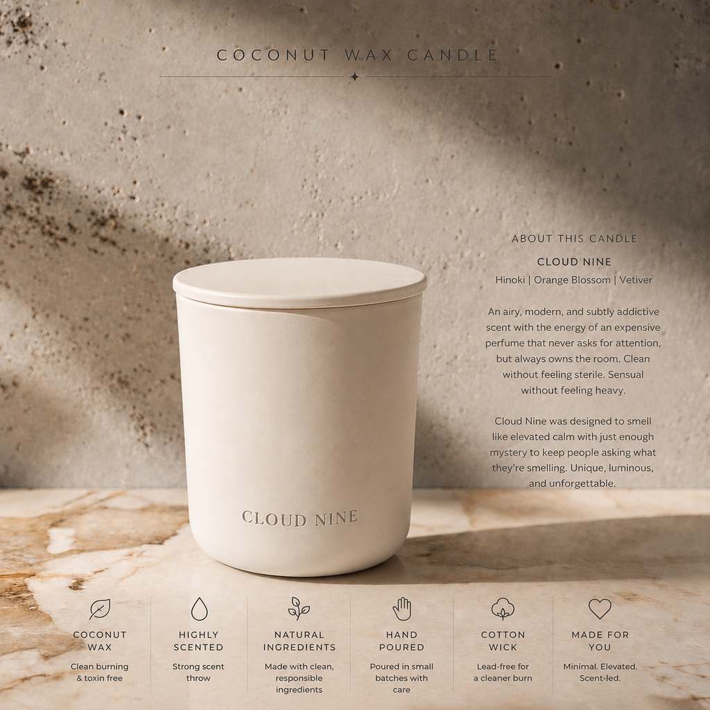 CLOUD NINE 
Hinoki | Orange Blossom | Vetiver

8oz