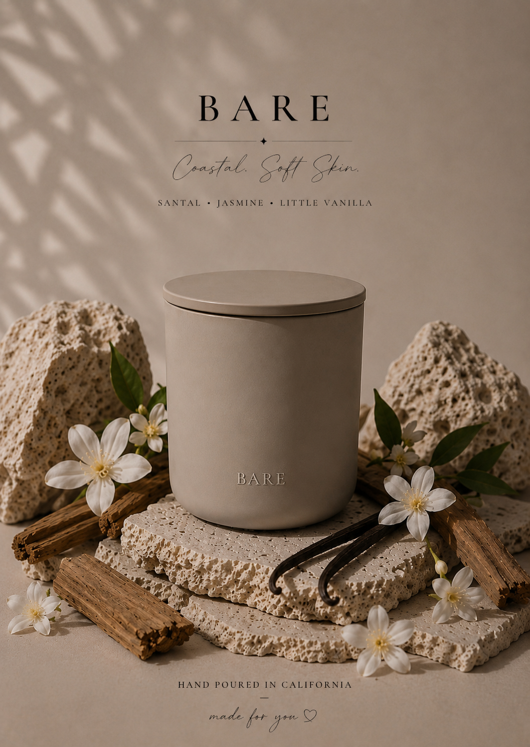 Bare 8oz Candle 
Santal · Coco-Vanilla · Jasmine